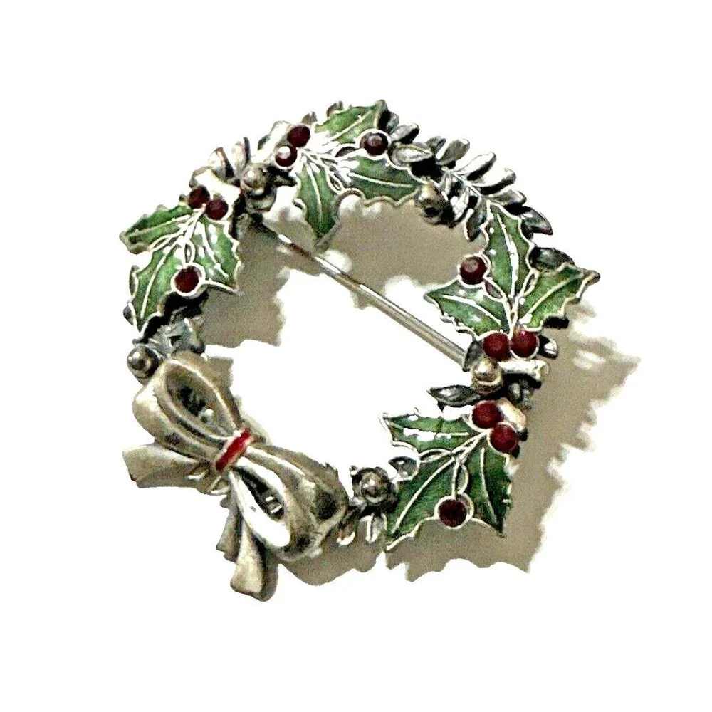 Vintage Kenneth Cole Christmas Wreath Brooch Green Red Enamel KC Signed 2”